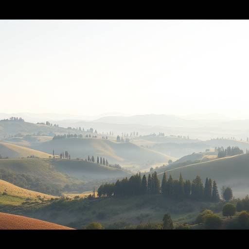 Fotografia di paesaggio della campagna romana con colline e alberi.