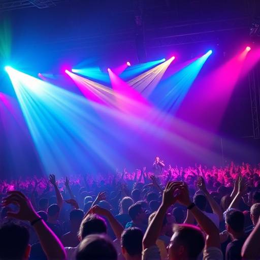 Fotografia di un concerto dal vivo con luci colorate e pubblico entusiasta.