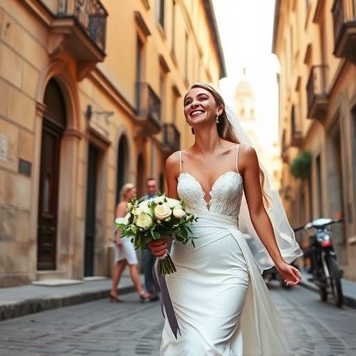 Fotografia di una sposa che ride mentre cammina per le strade di Roma.