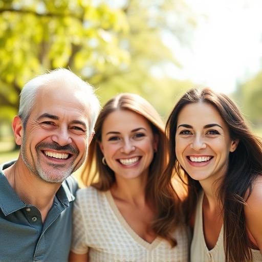 Ritratto di gruppo di una famiglia sorridente in un parco durante una giornata soleggiata.